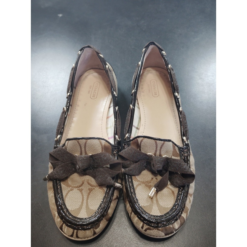 Coach Madi Signature Jacquard Loafers Women 9.5 Brown Logo Bow Moc Toe Shoes